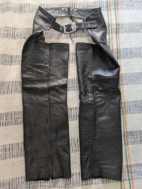 Unik Black Leather Motorcycle Chaps with Lace-Up Belt